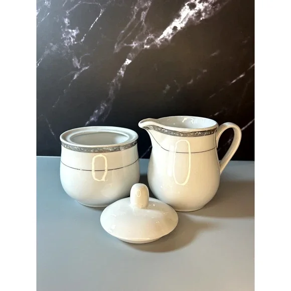Gibson Ceramic Sugar & Creamer White with Silver Trim - Picture 3 of 5